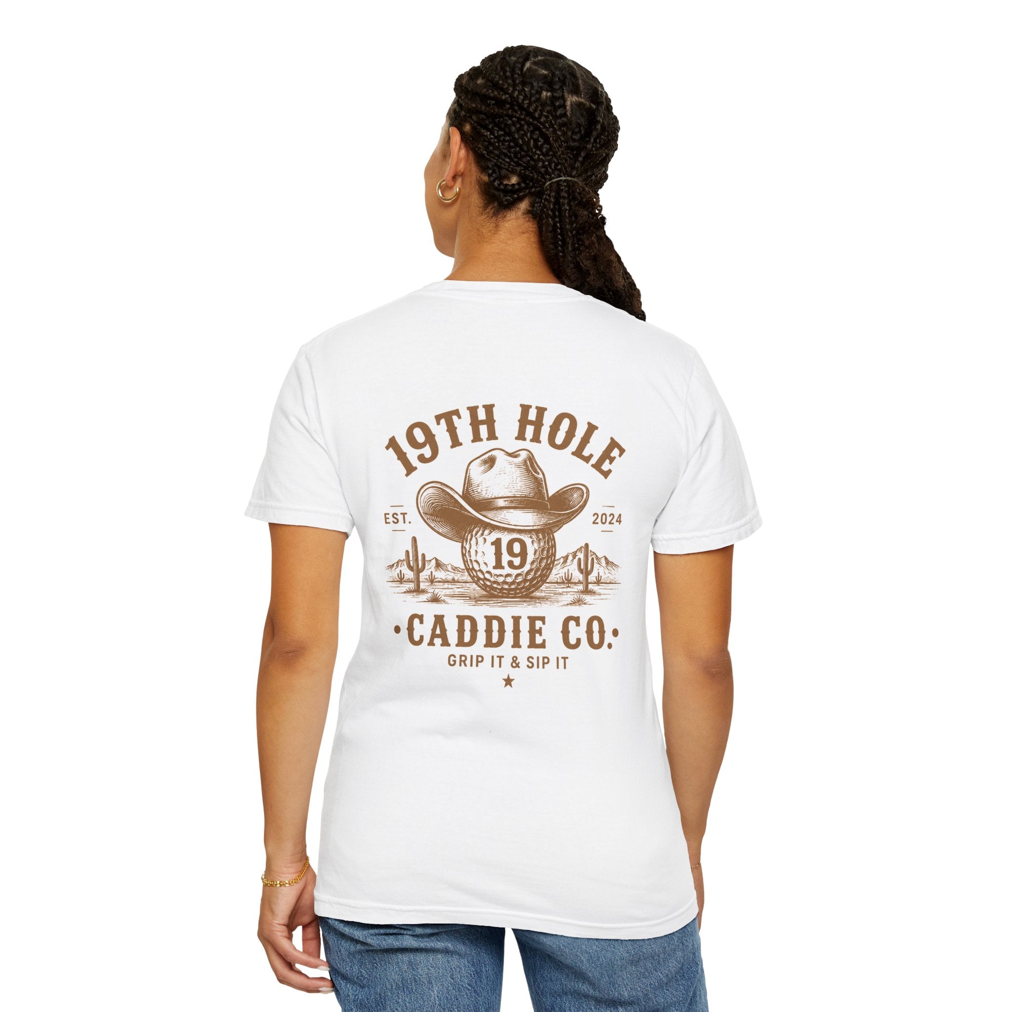 19th Hole Caddie Co. T-Shirt — Western Golf Tee (Grip It & Sip It)