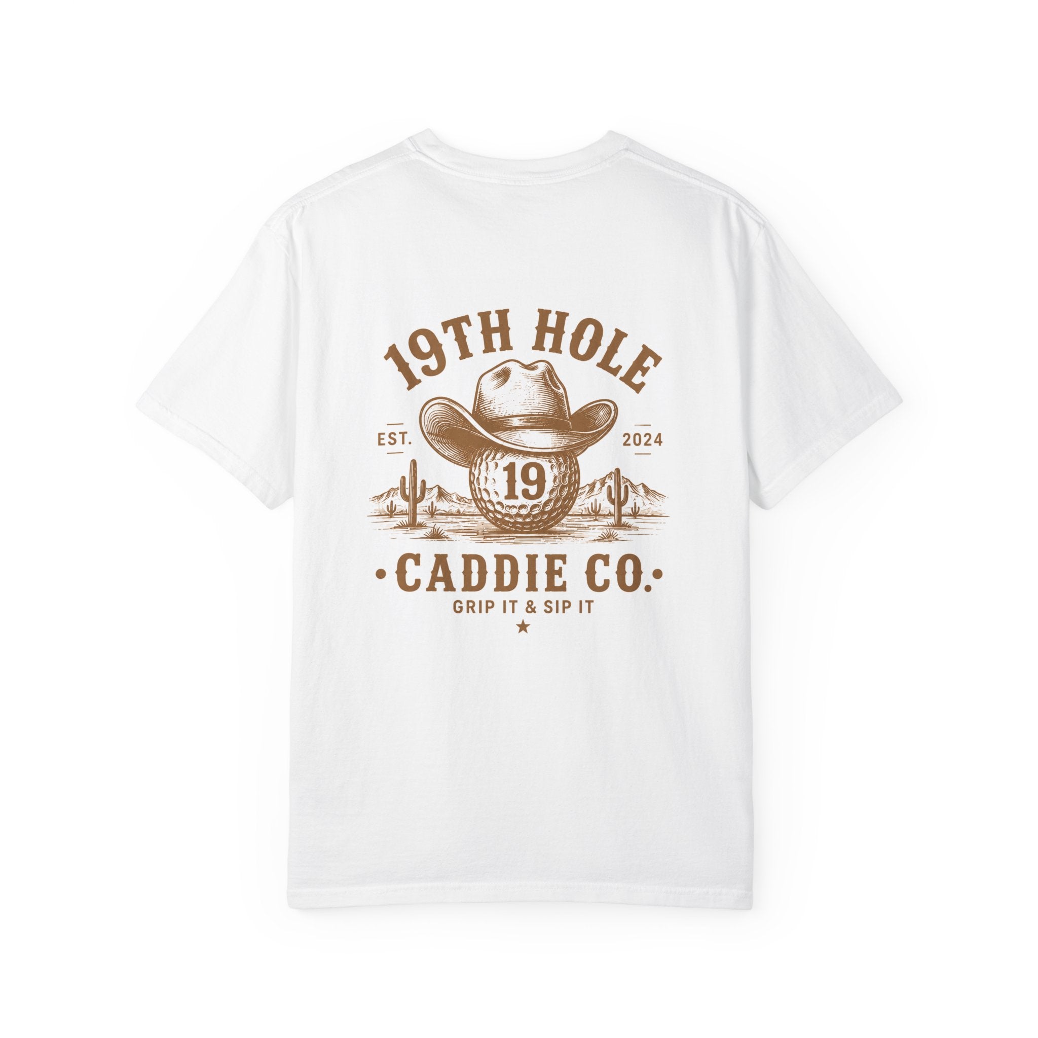19th Hole Caddie Co. T-Shirt — Western Golf Tee (Grip It & Sip It)