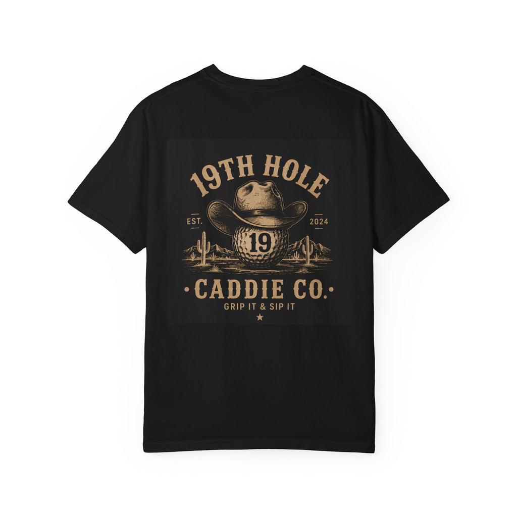 19th Hole Caddie Co. T-Shirt — Golf Retro Western Pocket & Back Logo